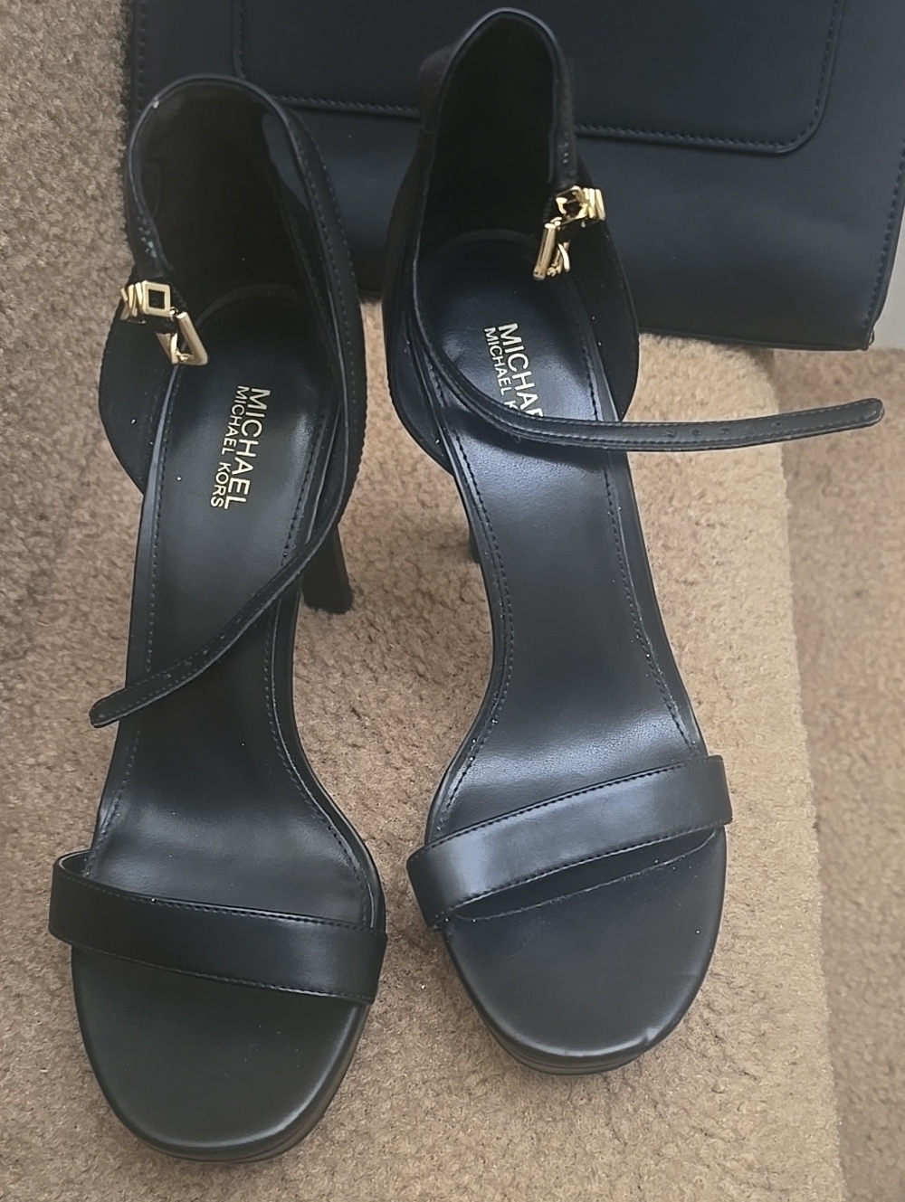 Michael Kors Black Leather Open-Toe Ankle-Strap Heels with Gold Buckle